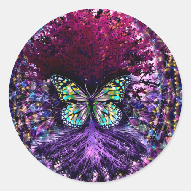 Sticker Rond Arbre de vie avec papillon pourpre (Devant)