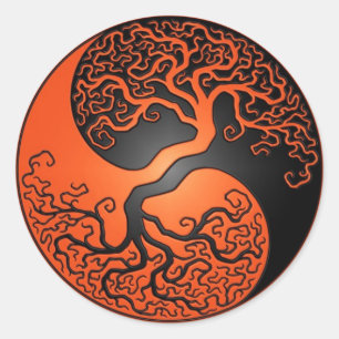 Sticker Rond Arbre de Yin Yang orange et noir