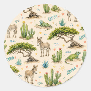 Sticker Rond Arbre divi d'Aruba, âne, iguane, cactus