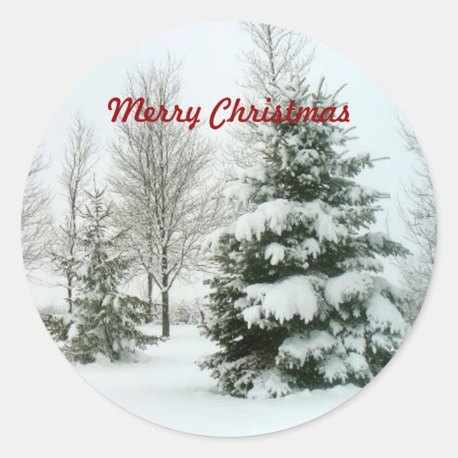 Sticker Rond Arbres à neige, "Joyeux Noël" (Devant)