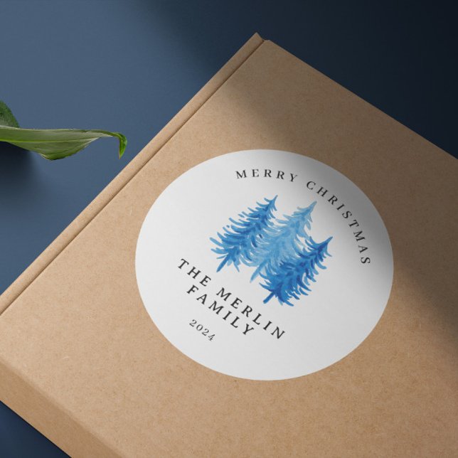 Sticker Rond Arbres aquarelles modernes Joyeux Noël (Créateur téléchargé)