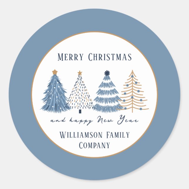 Sticker Rond Arbres Bleus Moderne Texte Nom Noël (Devant)