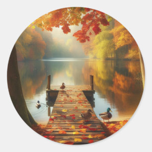 Sticker Rond Arbres d'automne & lac avec canards