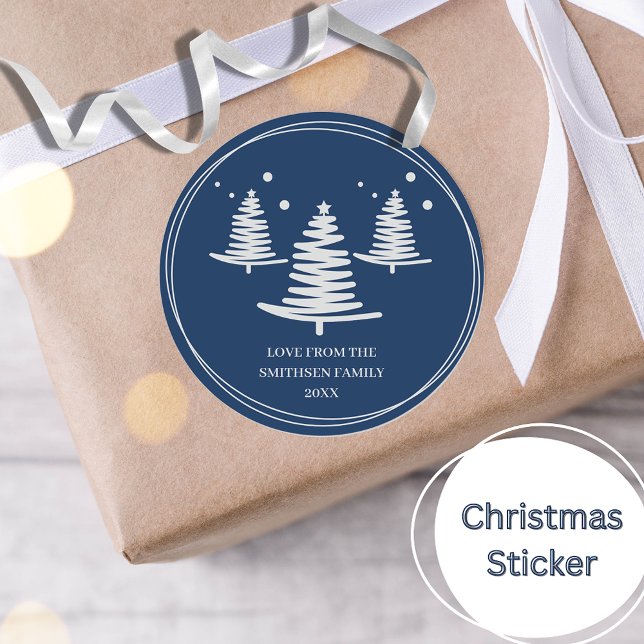 Sticker Rond Arbres de Noël minimalistes en argent bleu marine (Créateur téléchargé)
