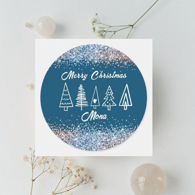 Sticker Rond Arbres de Noël parties scintillant nom personnalis (Créateur téléchargé)
