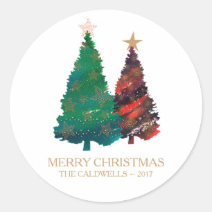 Sticker Rond Arbres de Noël Peints à la main