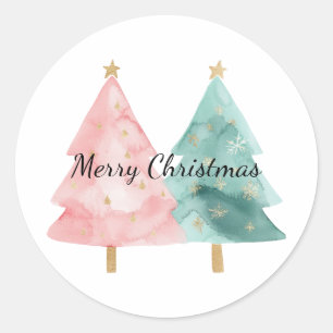 Sticker Rond Arbres de Noël verts roses