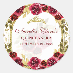 Sticker Rond Arc d'or princesse Florale Rouge Quinceanera