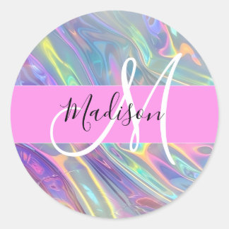 Sticker Rond Arc-en-ciel Girly Holographique Iridescent Monogra