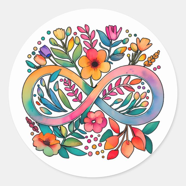 Sticker Rond Arc-en-ciel Infinité Aquarelle Fleurs Autisme (Devant)