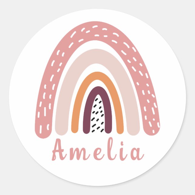 Sticker Rond Arc-en-ciel rose Boho avec nom personnalisé (Devant)
