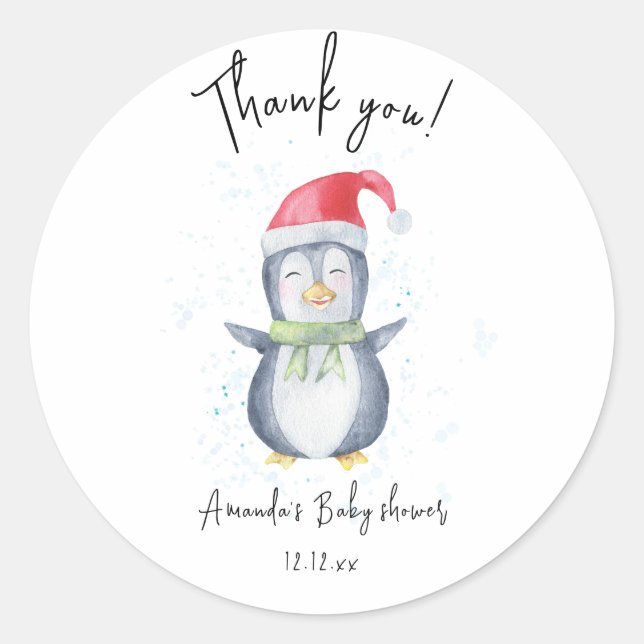 Sticker Rond Arctic mignon Penguin merci baby shower (Devant)
