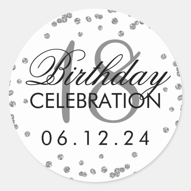 Sticker Rond Argent 18e anniversaire Faux Parties scintillant C (Devant)
