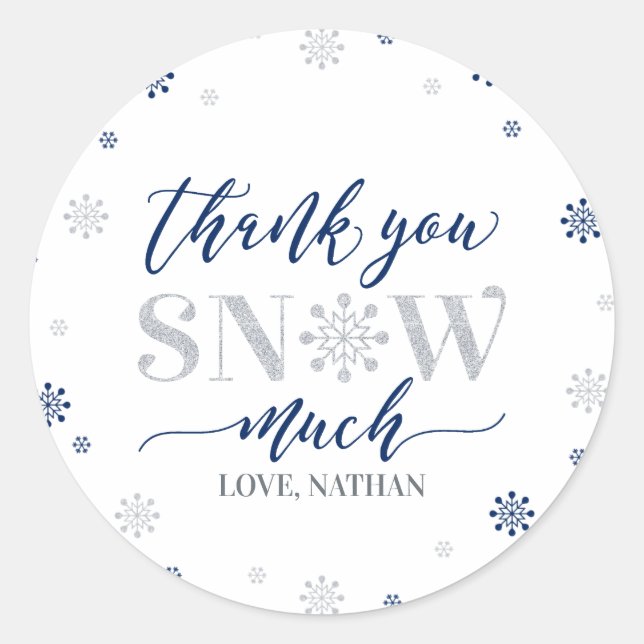 Sticker Rond Argent, bleu hiver merveilleuse Merci neige beauco (Devant)