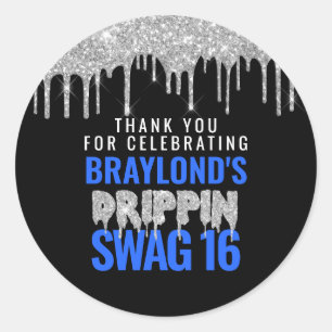 Sticker Rond Argent et Bleu Drippin Swag 16 Anniversaire 
