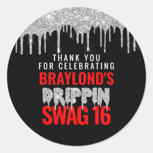 Sticker Rond Argent et Rouge Drippin Swag 16 Anniversaire