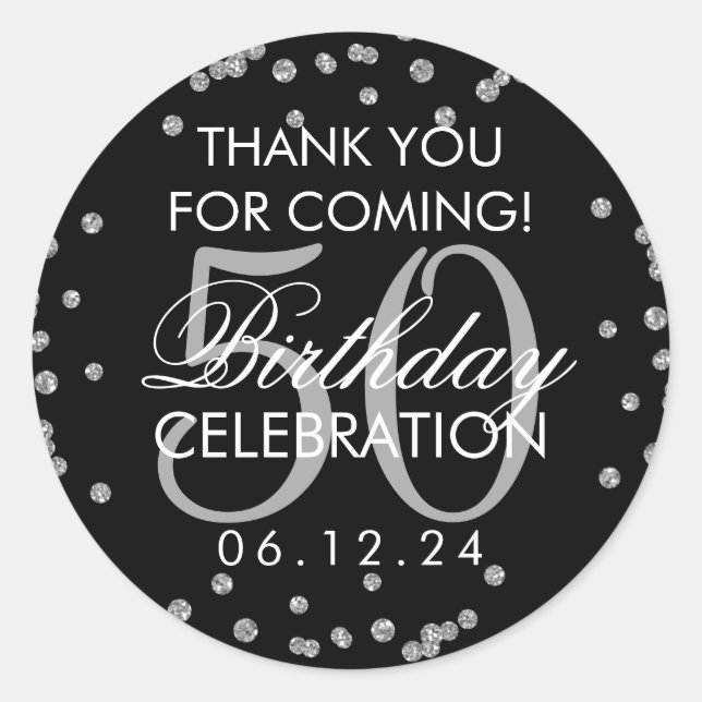Sticker Rond Argent Noir 50e anniversaire Merci Confetti (Devant)