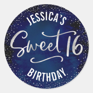 Sticker Rond Argent Pailleté Navy Sweet 16 Anniversaire Aquarel