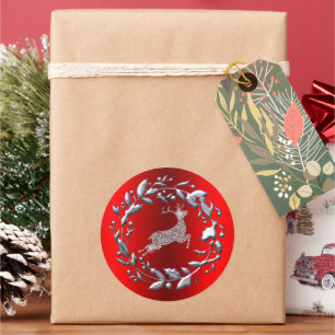 Sticker Rond Argent renne et couronne rouge Noël