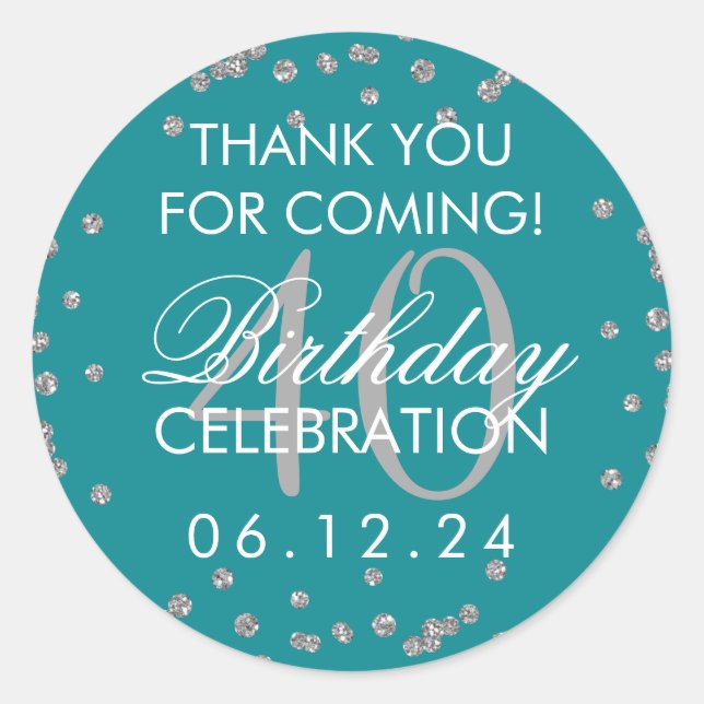 Sticker Rond Argent Turquoise 40e anniversaire Merci Confetti (Devant)