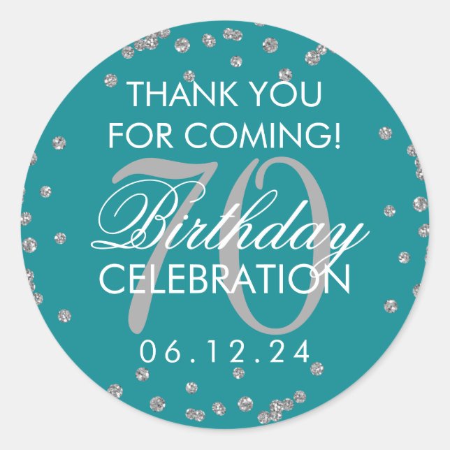 Sticker Rond Argent Turquoise 70e anniversaire Merci Confetti (Devant)