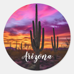 Sticker Rond Arizona Saguaro Cactus Sud-Ouest Désert Sunset