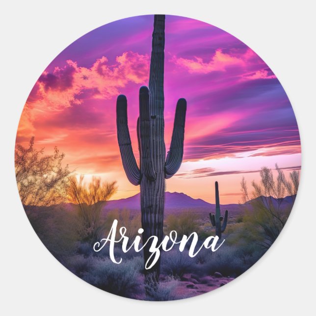 Sticker Rond Arizona Saguaro Cactus Sud-Ouest Désert Sunset (Devant)