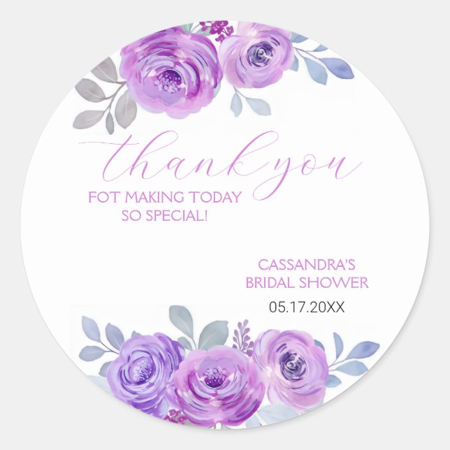 Sticker Rond Arrosement de mariage chic Violet Rose Verdure Flo (Devant)