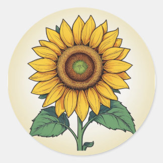 Sticker Rond Art botanique floral joyeux, Tournesol brillant
