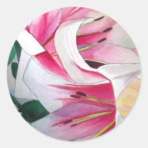 Sticker Rond Art de l'aquarelle des fleurs de lys blanches et r