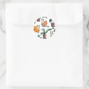 Sticker Rond Art de trait dessin chats et fleurs