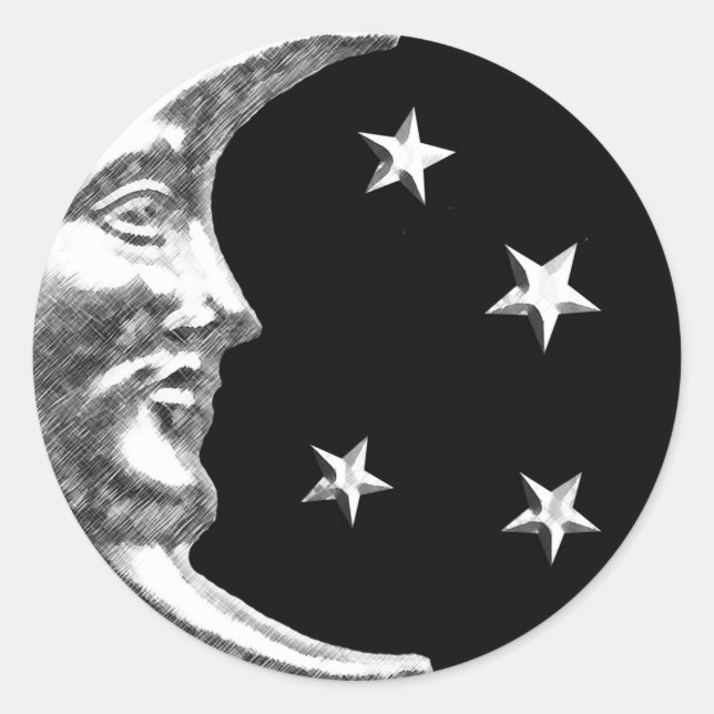 Sticker Rond Art déco Lune et étoiles - Noir et Argent (Devant)