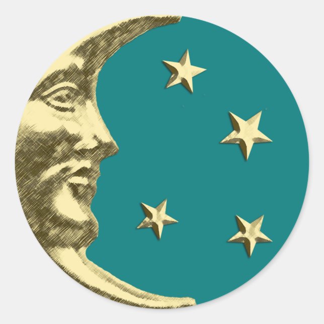 Sticker Rond Art Déco Lune et Etoiles - Turquoise et or (Devant)