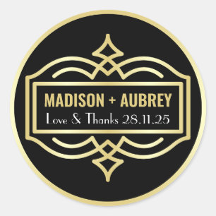 Sticker Rond Art Déco Mariage Amour & Merci Gold Black Faveur