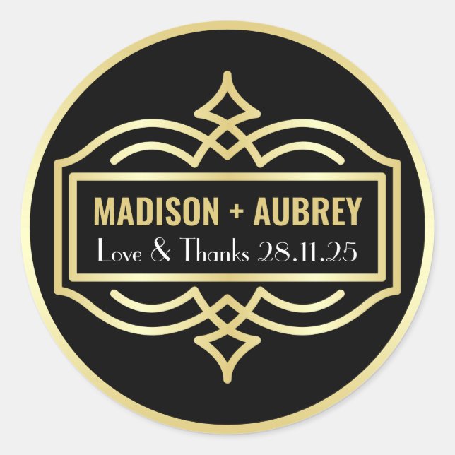 Sticker Rond Art Déco Mariage Amour & Merci Gold Black Faveur (Devant)