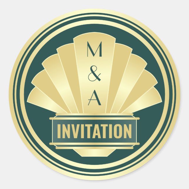 Sticker Rond Art Déco Mariage Elégant Gold Green Great Gatsby (Devant)