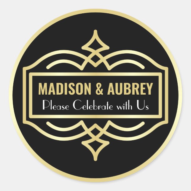 Sticker Rond Art Déco Mariage Love & Thanks Gold Black Mailing (Devant)