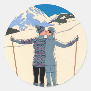 Sticker Rond Art Déco vintage, Amants dans la neige par George 