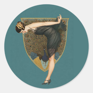 Sticker Rond Art Déco vintage Flapper avec Paon