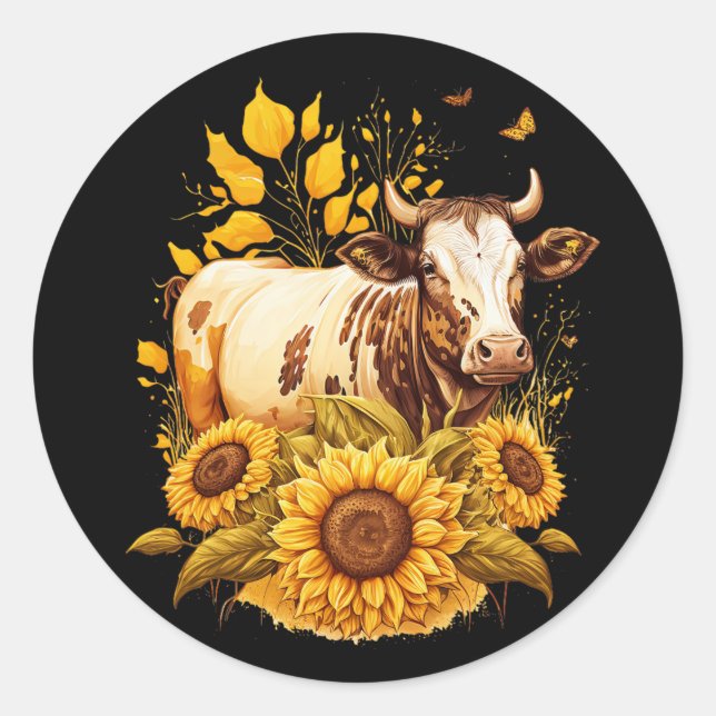 Sticker Rond Art Dessin De Tournesol De Vache Cute (Devant)