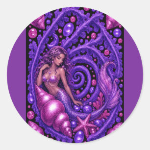 Sticker Rond Art Fantastique de Sirène Violette Mystique Océa