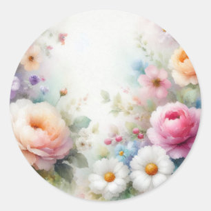 Sticker Rond Art floral aquarelle avec texte personnalisable mo