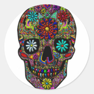 Sticker Rond Art floral du crâne peint