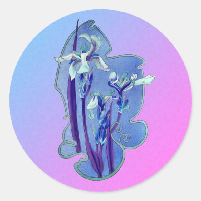 Sticker Rond Art Floral Iris Bleu (Devant)