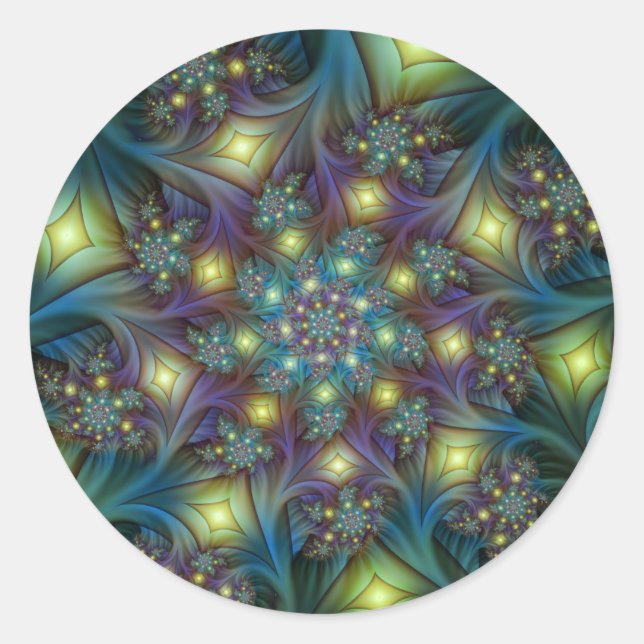Sticker Rond Art fractal abstrait illuminé sarcelle violet (Devant)