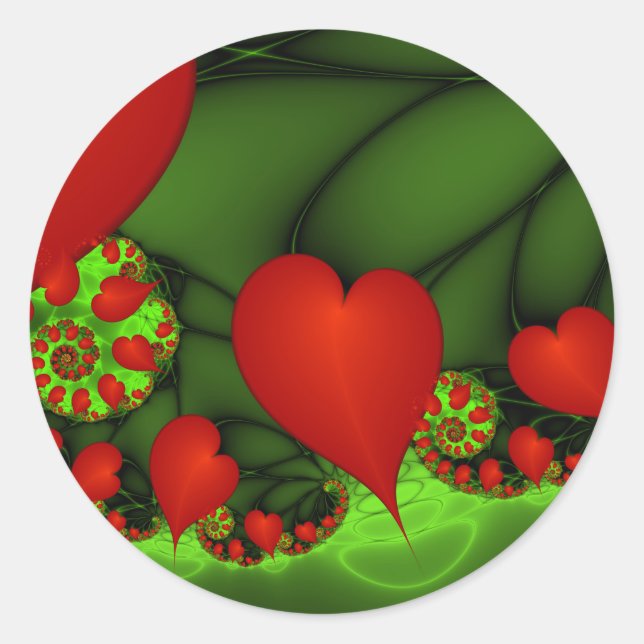 Sticker Rond Art fractal abstrait moderne vert citron cœurs rou (Devant)