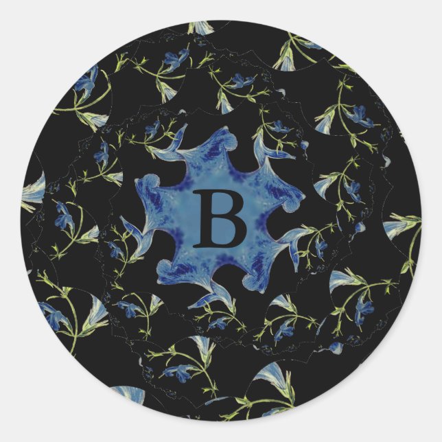 Sticker Rond Art fractal Sage bleu et noir Monogramme (Devant)