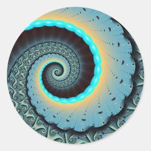 Sticker Rond Art fractal spirale abstrait bleu turquoise orange