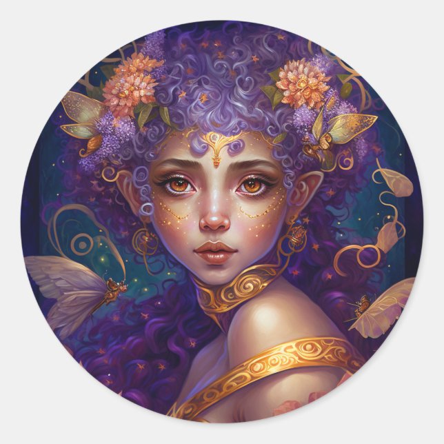 Sticker Rond Art Imaginaire Fée Elfe Violet (Devant)