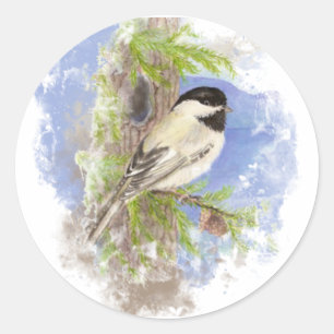 Sticker Rond Art mignon de nature d'oiseau de Chickadee